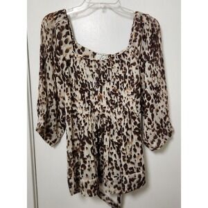 Ice Leopard Print 3/4 Sleeve Blouse XL Smocked Pleated Belt Y2K 90s Milkmaid